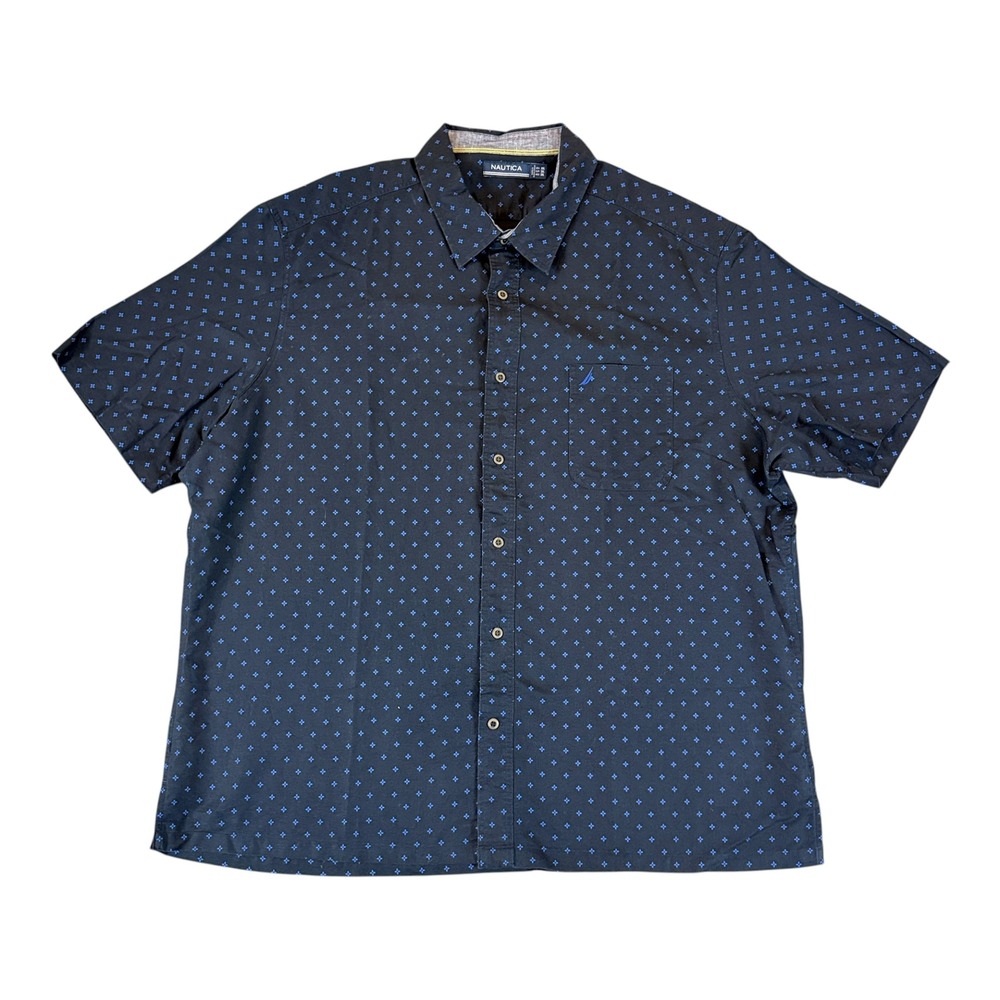 Nautica Button Down Shirt Mens XXL Navy Blue Linen Blend Geometric Preppy Basic